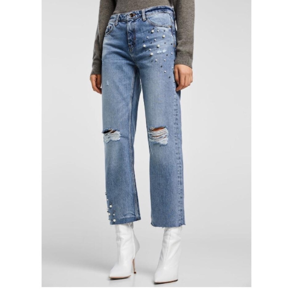 NWT Zara Pearl Embellished Straight Leg jeans
